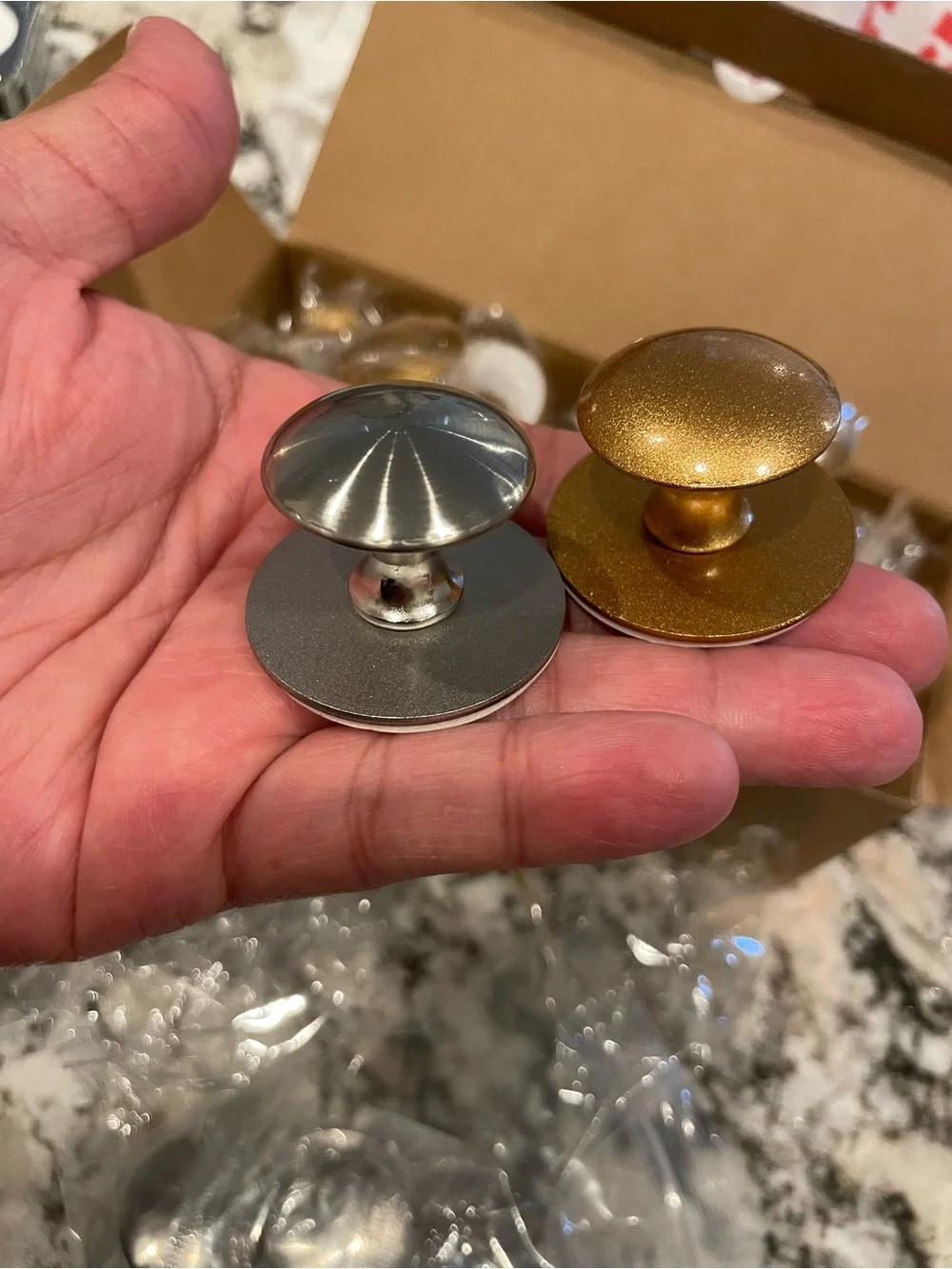 8 “steel” colored and 20 Antique gold Brushed Silver Self-Stick Drawer Knobs